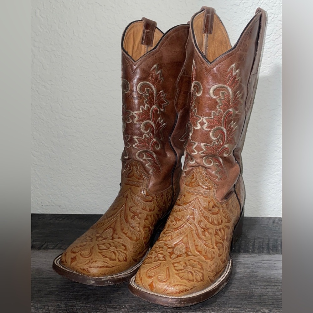 Women’s Brown Hand-Tooled Leather Boots With Floral Embroidery Shaft